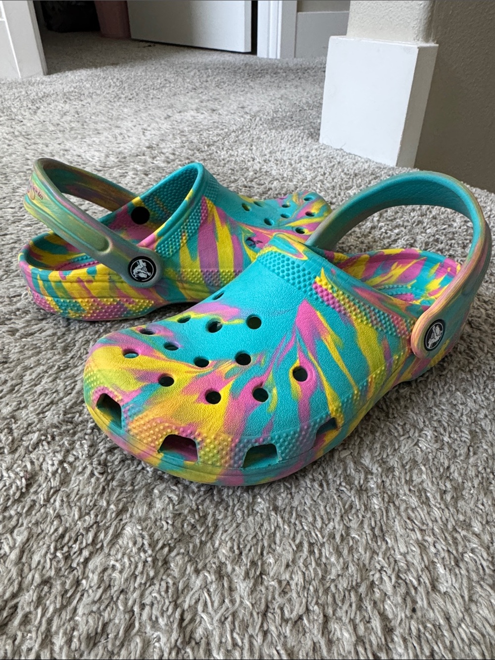 CROCS Kids' Tie-Dye Classic Clog - Turquoise, Pink & Yellow